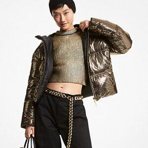 Michael Kors Metallic Logo Ciré Reversible Puffer Jacket